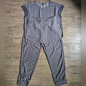 Roots 2 Piece Loungewear Set Tunic Top Jogger Pants Gray White Large L